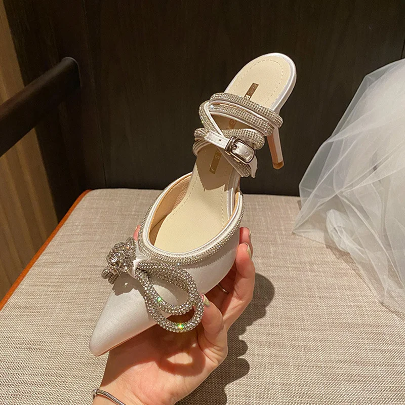 Fashion Style Glitter Rhinestones Women Pumps Crystal Bow 8 Cm Summer Lady Shoes Genuine Leather High Heels Party Prom Shoes 