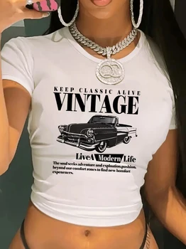 Vintage Car Retro "Keep Classic Alive" Cropped Girls Crop Top T Shirt Women's Print Shirt  T-shirt Sexy 1