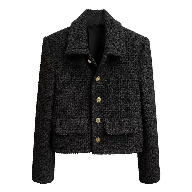 

Deeptown Black Vintage Crop Tweed Jacket Women Korean Fashion Single Breasted Blends Coats Elegant Luxury Design Short Outerwear