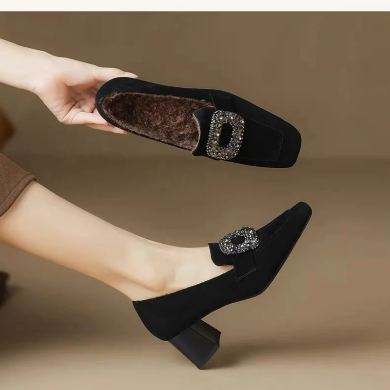 

NEW Spring Women Loafers Sheep Suede Leather Shoes for Women Square Toe Chunky Heel Shoes Rhinestone Square Button Women Pumps