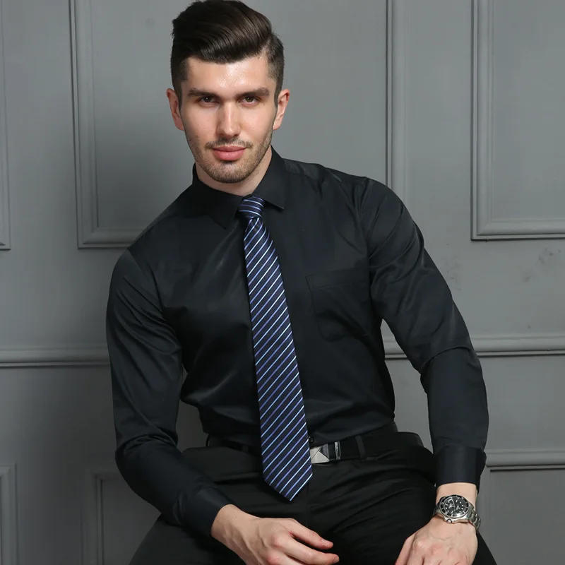 

Men's black shirt long sleeve shirt business slim pure white dark twill solid color workwear occupation