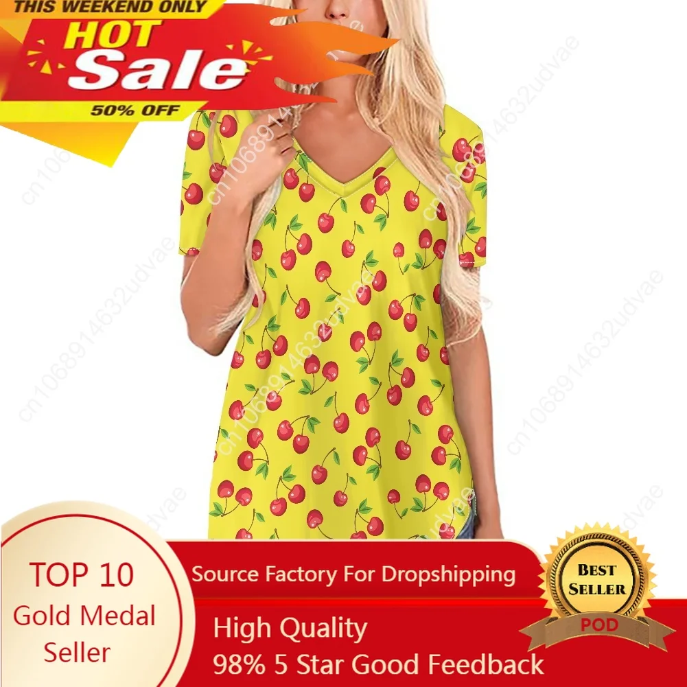 

Cherries On Top Feminine Chastity And Purity sublimation Printing Short Sleeve Long Swing V-Neck Top Women Tee