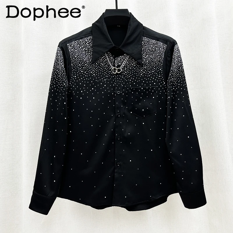 New High-End Fashion Rhinestone Starry Long-Sleeved Shirts Boys Personality Trendy Handsome Male Loose Padded Shoulder Shirt