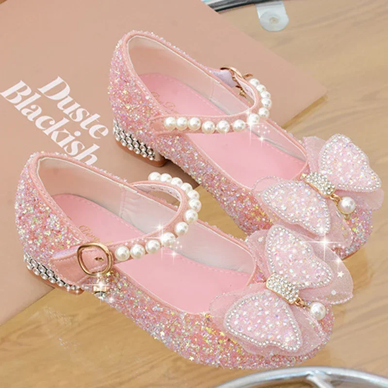 Princess Butterfly Leather Shoes Kids Diamond Bowknot High Heel Children Girl Dance Glitter Shoes Fashion Girls Party Dance Shoe