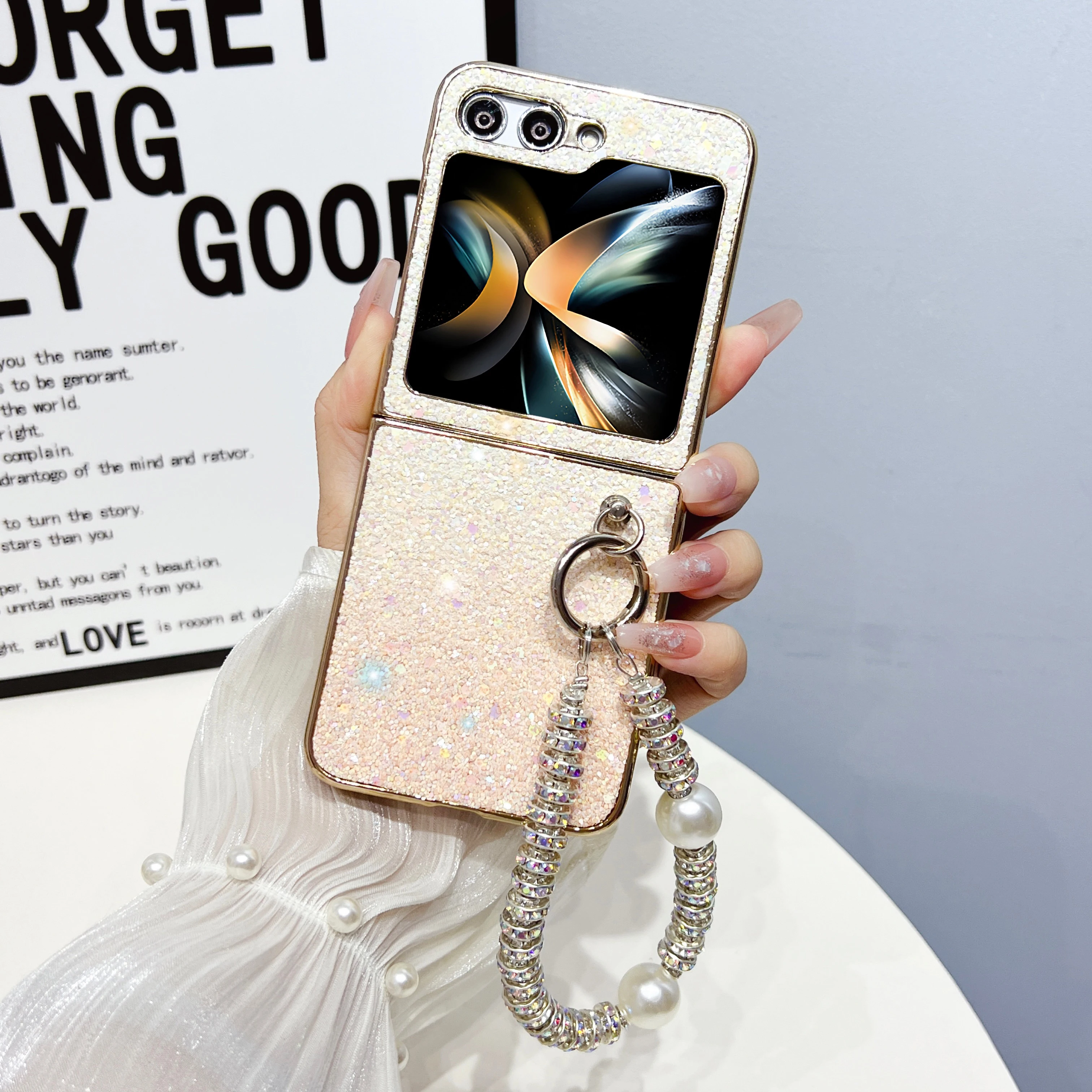 For Samsung Galaxy Z Flip 5 4 3 Case Glitter Gradient Electroplating Bracelet Shockproof Protection Hard Back Cover Accessories