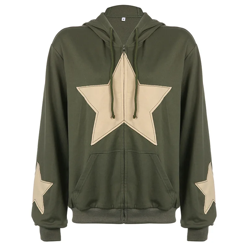 American Hoodies Women Street Hip Hop Star Embroidered Zipper Pocket Sweater Loose Relaxed Sweater Coat 2023 Autumn New Cardigan