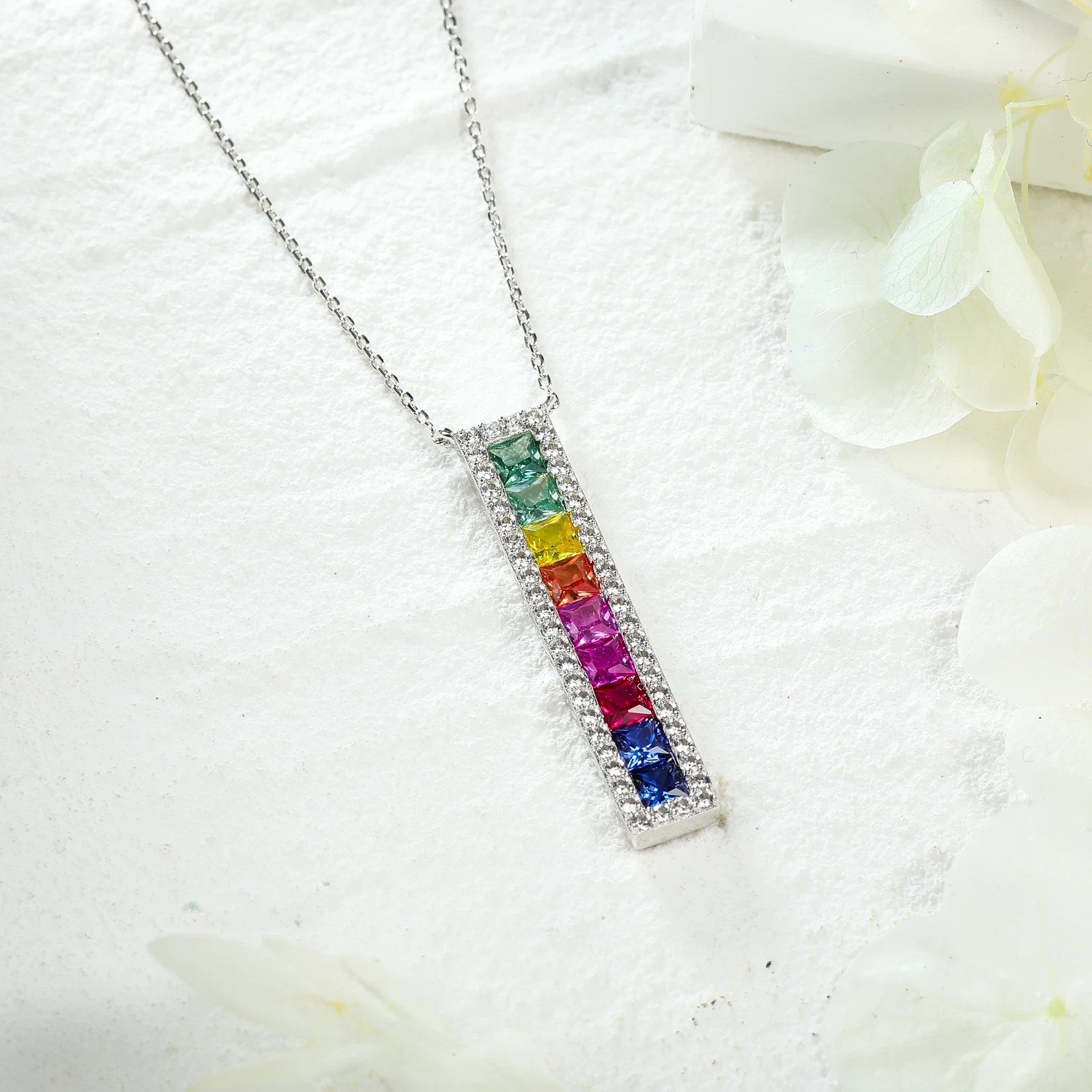 GZ ZONGFA 925 Sterling Silver Necklaces for Women 2.0ct Created Gemstone Vertical Colorful Bar Pendant Necklace Fine Jewelry