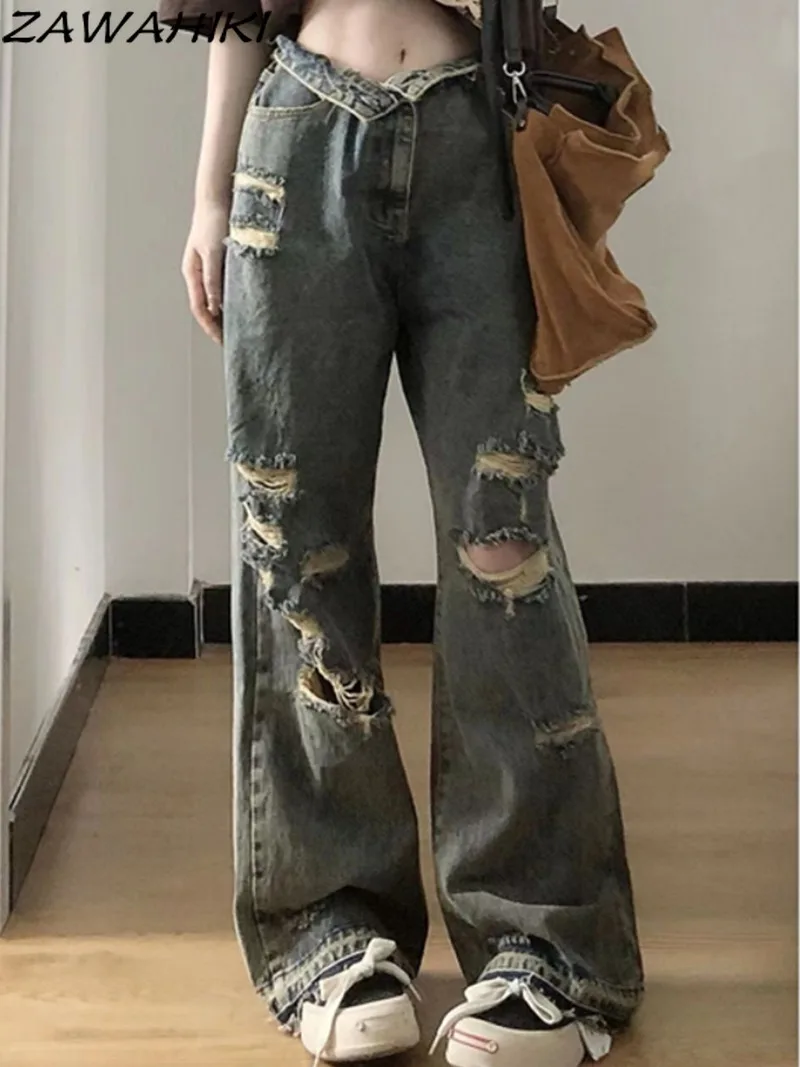

American High Street Fashion Vintage Loose Wide Leg Hiphop Baggy Jeans Women Hiphop High Waist Y2K Aesthetic Casual Ripped Pants