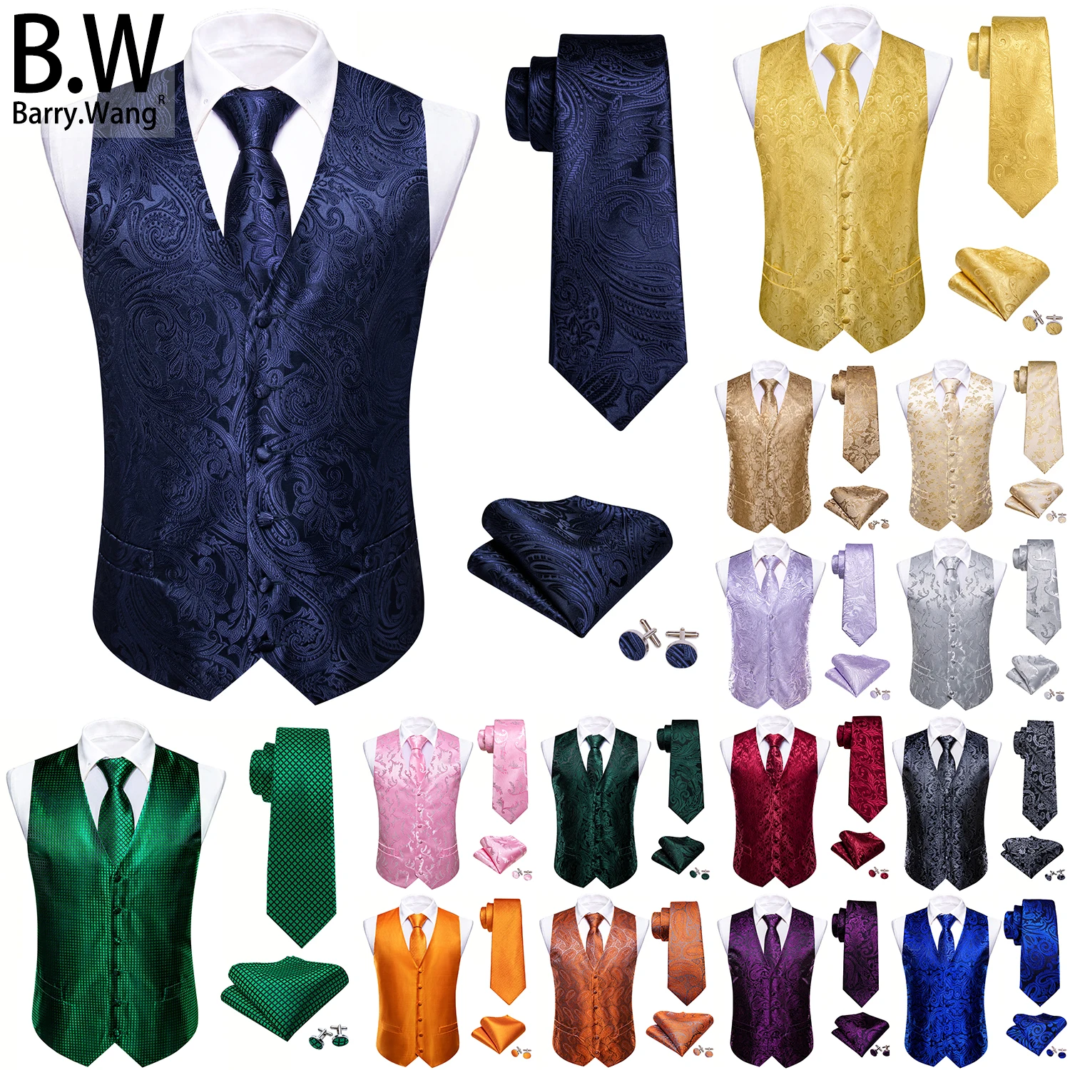 

Barry.Wang 100 Colors Silk Men Vest Jacquard Paisley Floral Waistcoat Tie Hanky Cufflinks Set Sleeveless Jacket Wedding Business