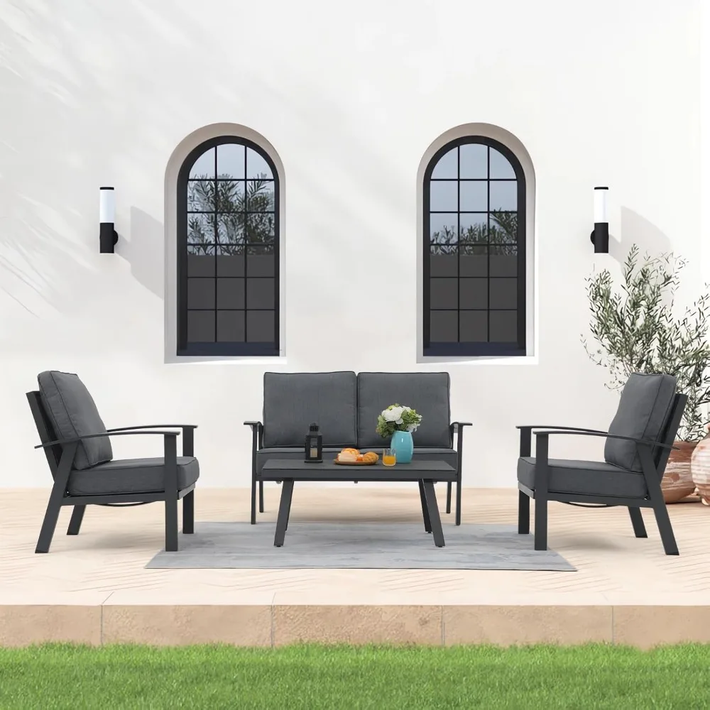 Modern Outdoor Patio Furniture Set, 4-Piece Aluminum Conversation Set, Loveseat, Coffee Table, Includes Cushion, Backyard 3