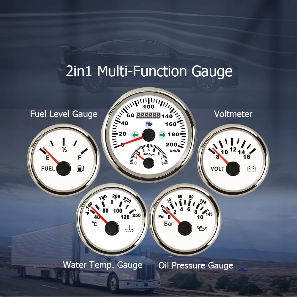 

85mm 2 in 1 GPS Speedometer with Tachometer + 52mm Water Temp 10Bar Oil Pressure Fuel Level Meter 8-16V Voltmeter for Ship Car