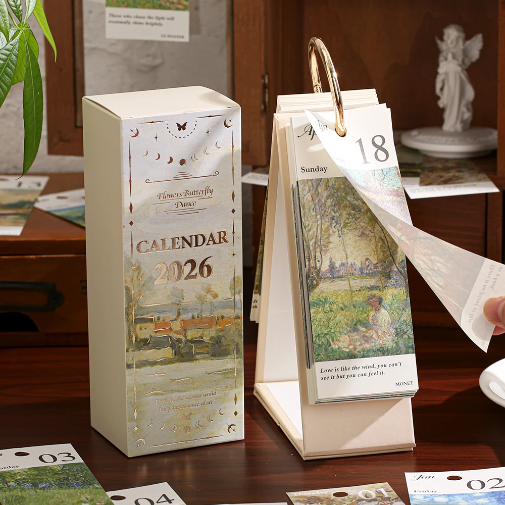 לוח שנה לשולחן 2026 עם טבעת זהב קישור 365 ימים ציור שמן וינטאג' ציטוטים מעוררי השראה עמוד חד כיווני מתכנן יומי