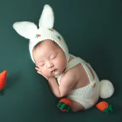 ❤️Newborn Photography Clothing Rabbit Hat+Jumpsuits+Radish 5Pcs/set Baby Photo Props Accessories Studio Shoot Clothes Outfits