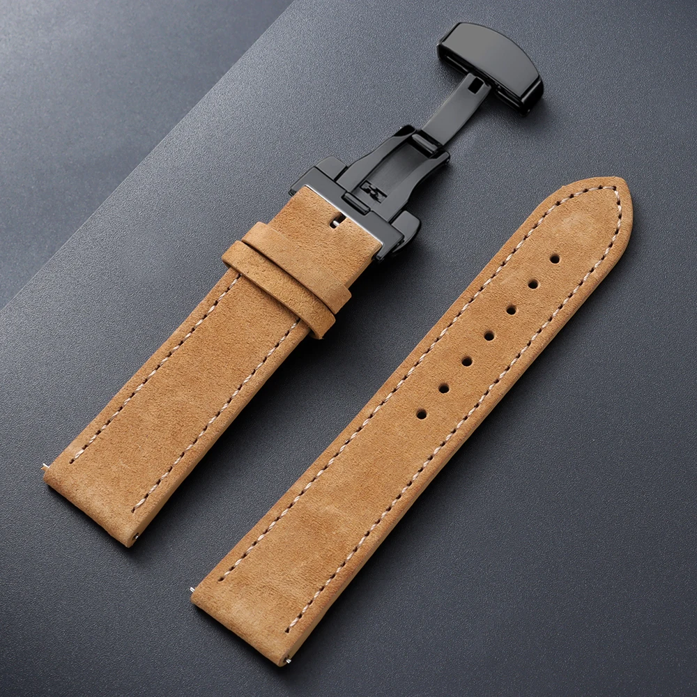 Vintage Suede Cowhide Watch Strap with Butterfly Buckle Bracelet - Sport Wristband