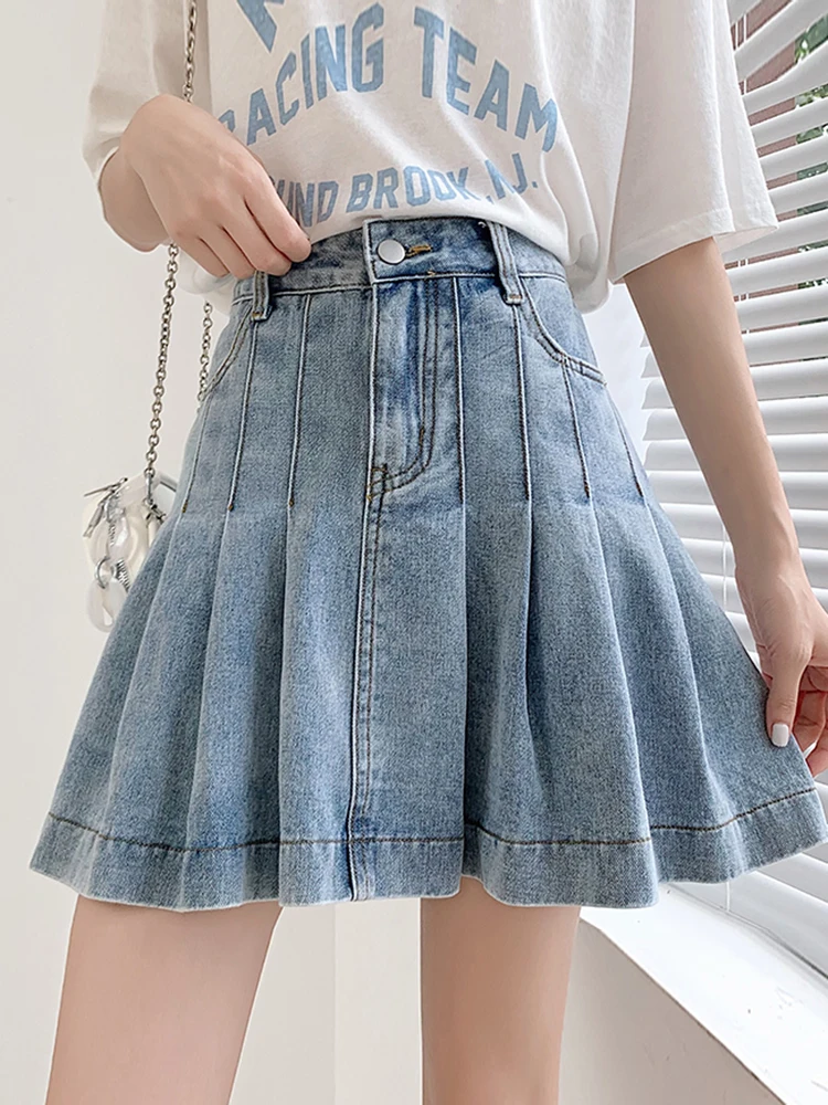 864817-9825f6.jpg New Summer 2024 Plus Size Denim Skirt Women High Waist Pleated Large Size A Line Mini Jean Skirt Women Streetwear Saia Hot Sale - Image 1