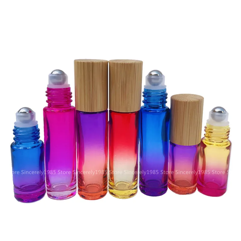 1PCS 5ml 10ml  Gradient Color Glass Essential Oil Roller Bottle Perfume Metal Roller Ball with Bamboo Cap