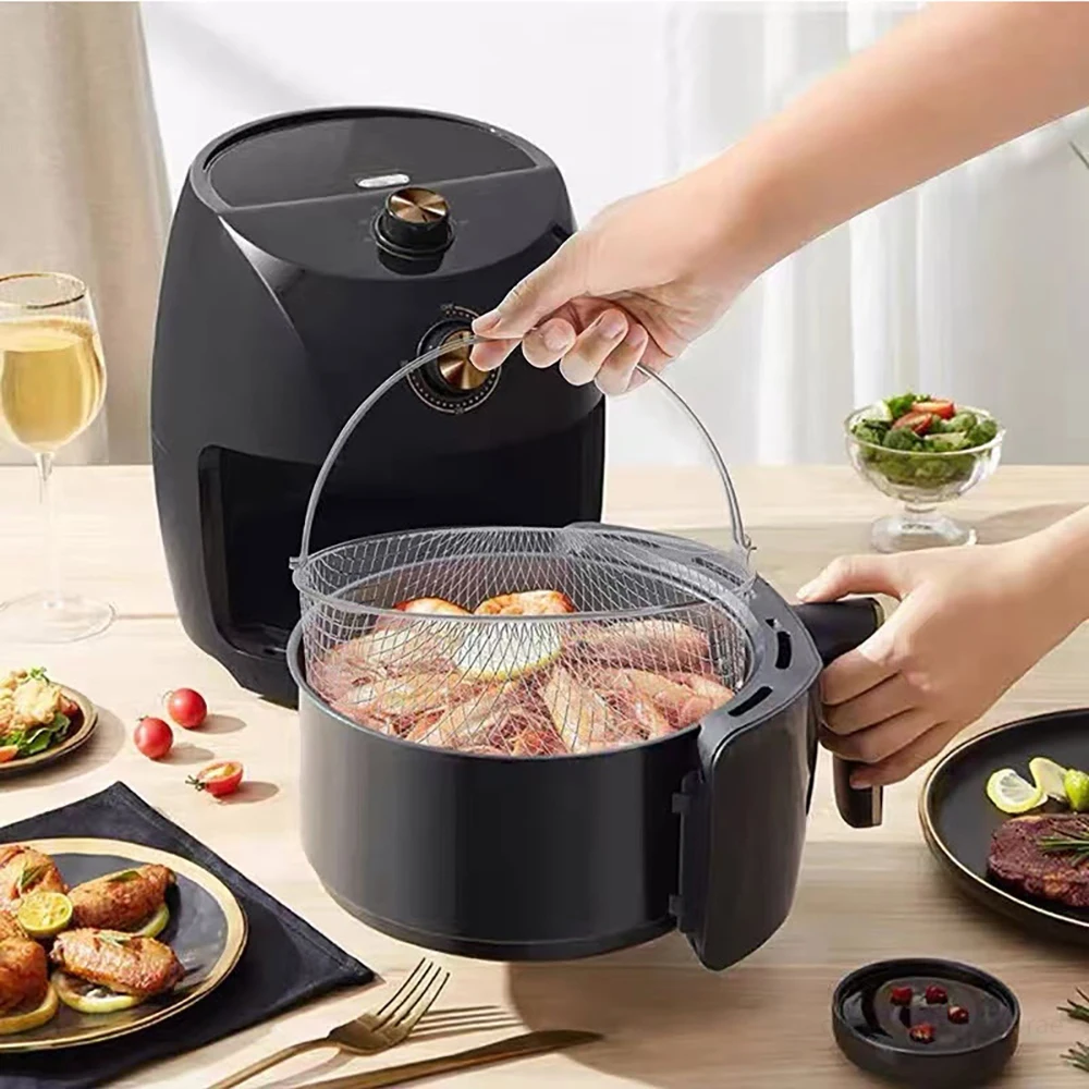 Grill Basket for Veggies 20cm Air Fryer Stainless Steel Square Round Mesh Basket Air Fryer Steamer Basket With Handle Metal Crisper