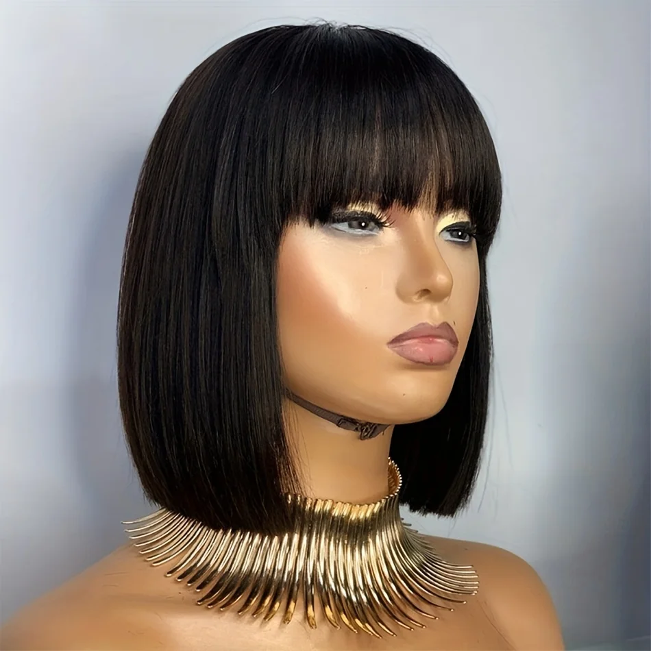 

Straight Short Bob Wig With Bangs Full Machine Made Wig For Women Brazilian Human Hair Wigs Remy Hair Wig Cheap Fringe Wig Sale