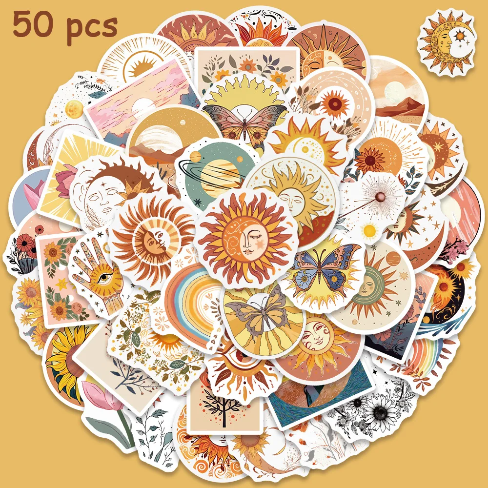 50pcs Retro Bohemia Stickers Sun Moon And Flowers Decals For Kids Laptop Suitcase Guitar Scrapbook Notebook Diary Sticker european notebook retro thick a5 diary student office notebook free sticky notes gel pens stickers