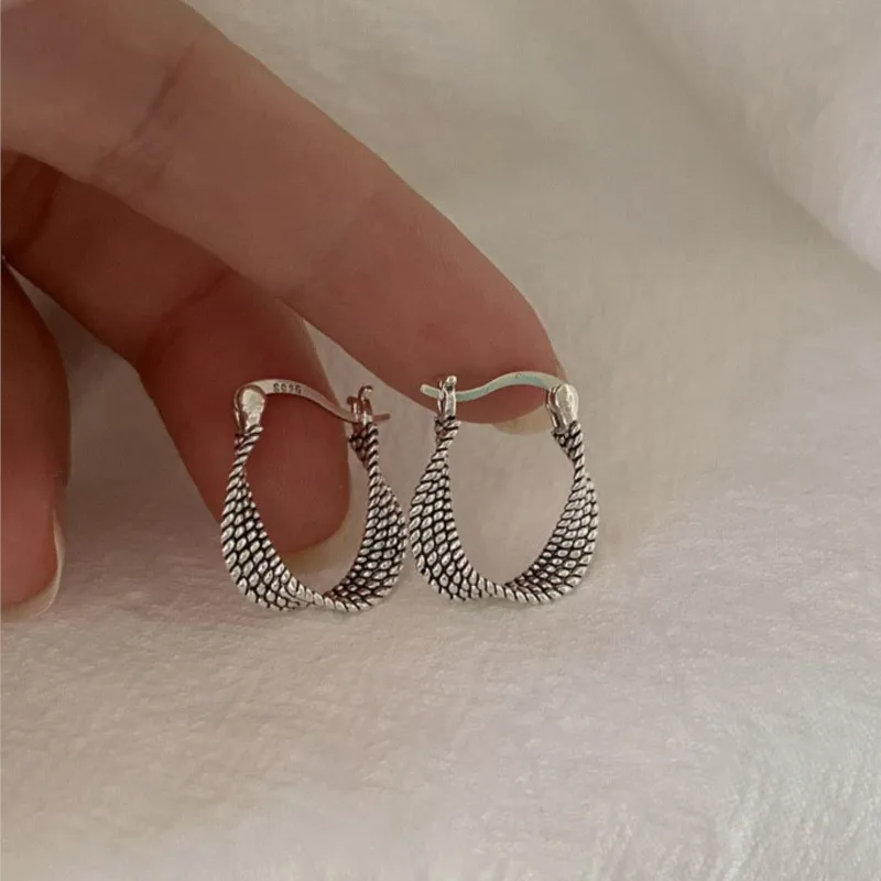 Silver Color Fried Dough Twists Hoop Earrings for Women Vintage Unique Design Earring Girls Daily Party Jewelry