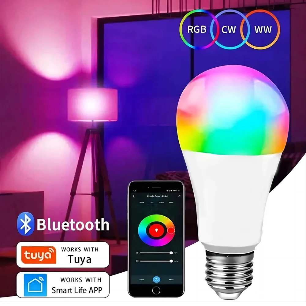 Tuya 스마트 LED 전구, E27 앱 제어, 조도 조절 조명, 블루투스 RGB 램프, 침실 장식, 파티 조명, 스마트 라이프, 85-265V