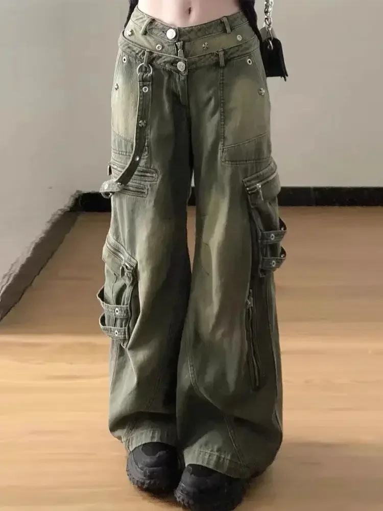 Loose Retro Washed Cargo Jeans Streetwear Women Zipper Baggy Pants Hiphop Straight Pants Multi-pocket Wide Leg Jeans Women 2