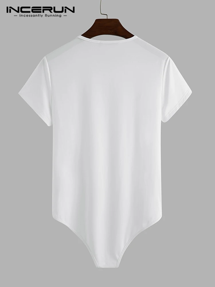Men Bodysuit Solid Color Pajamas Sexy Breathable Short Sleeve O-neck Rompers Underwear Fitness S-5XL