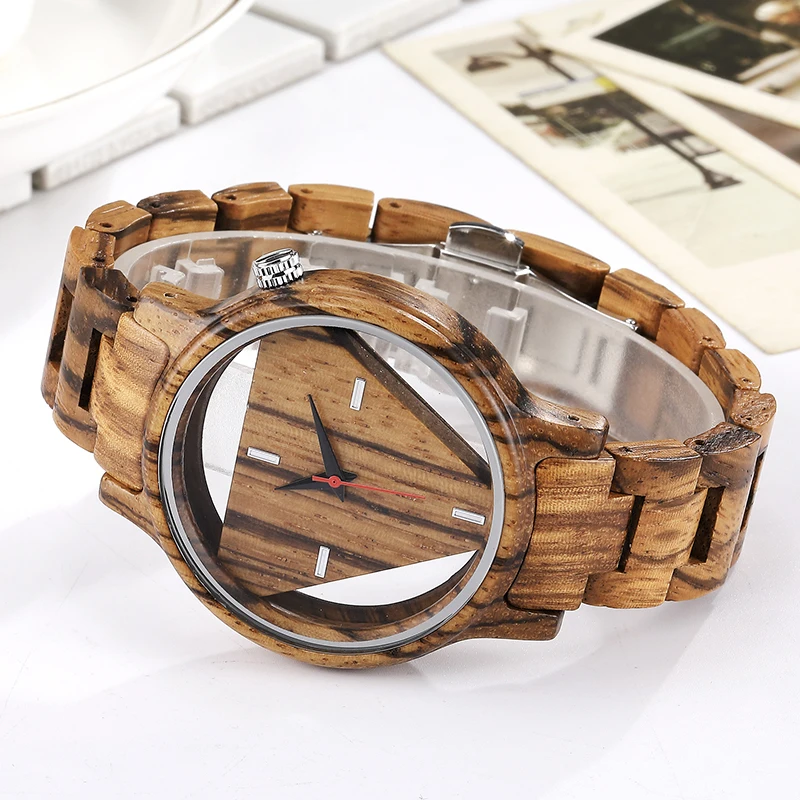 Unique Wooden Quartz Movement Women Watches Creative Built-In Triangle Dial Design Watch for Women Clock Gifts for Ladies 2021