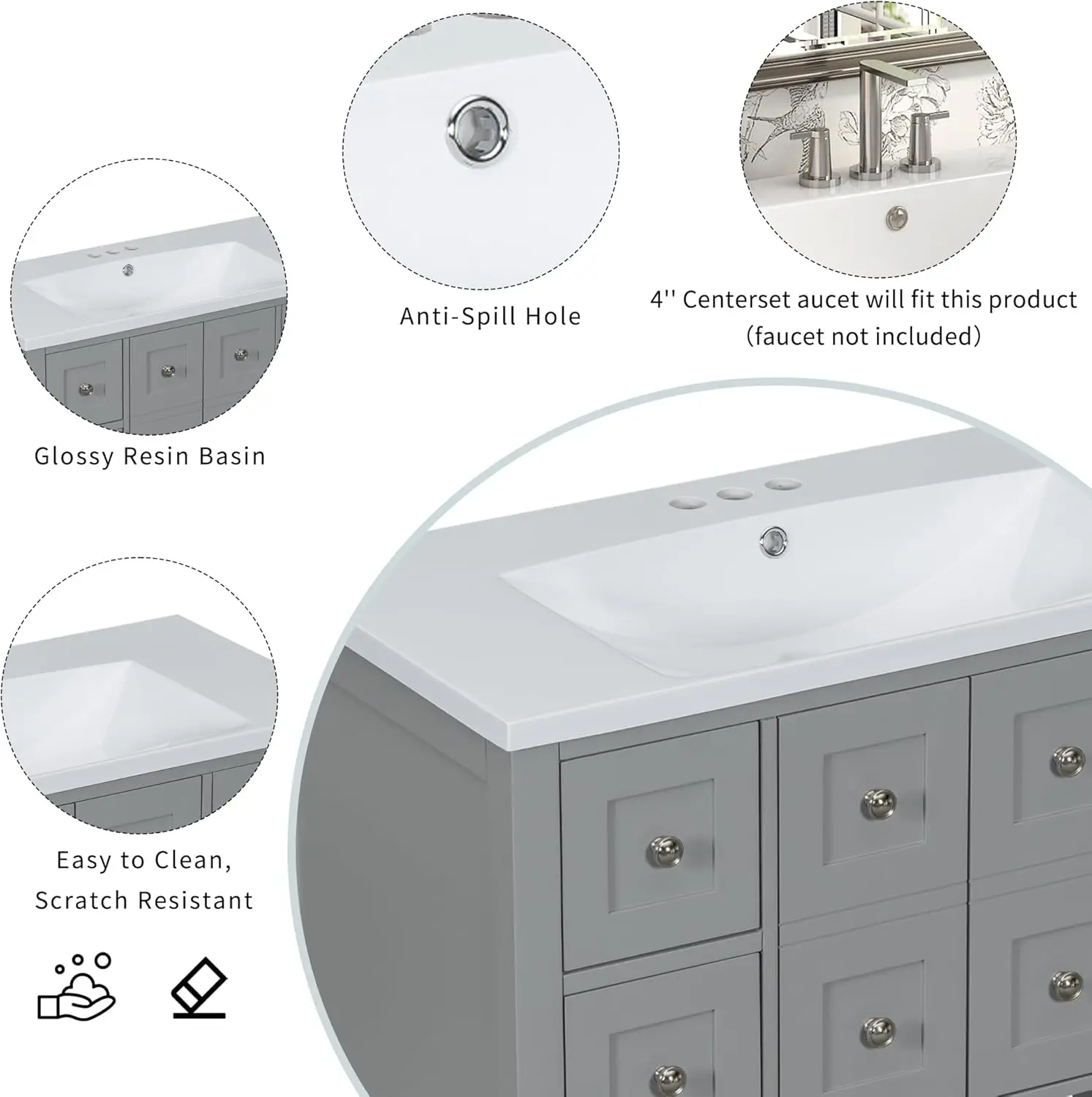 36 in Bathroom Vanity with Sink,4 Drawers and Open Shelf, Wood Single Sink Bathroom Vanity with Soft Closing