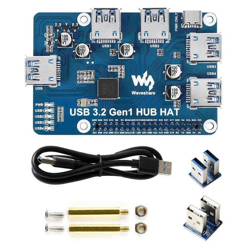 Waveshare USB 3.2 Gen1 HUB HAT 4-Channel USB 3.0 Expansion Port Driver-Free Plug&Play for Raspberry Pi 4B 3B+ 3B 2B Zero W WH