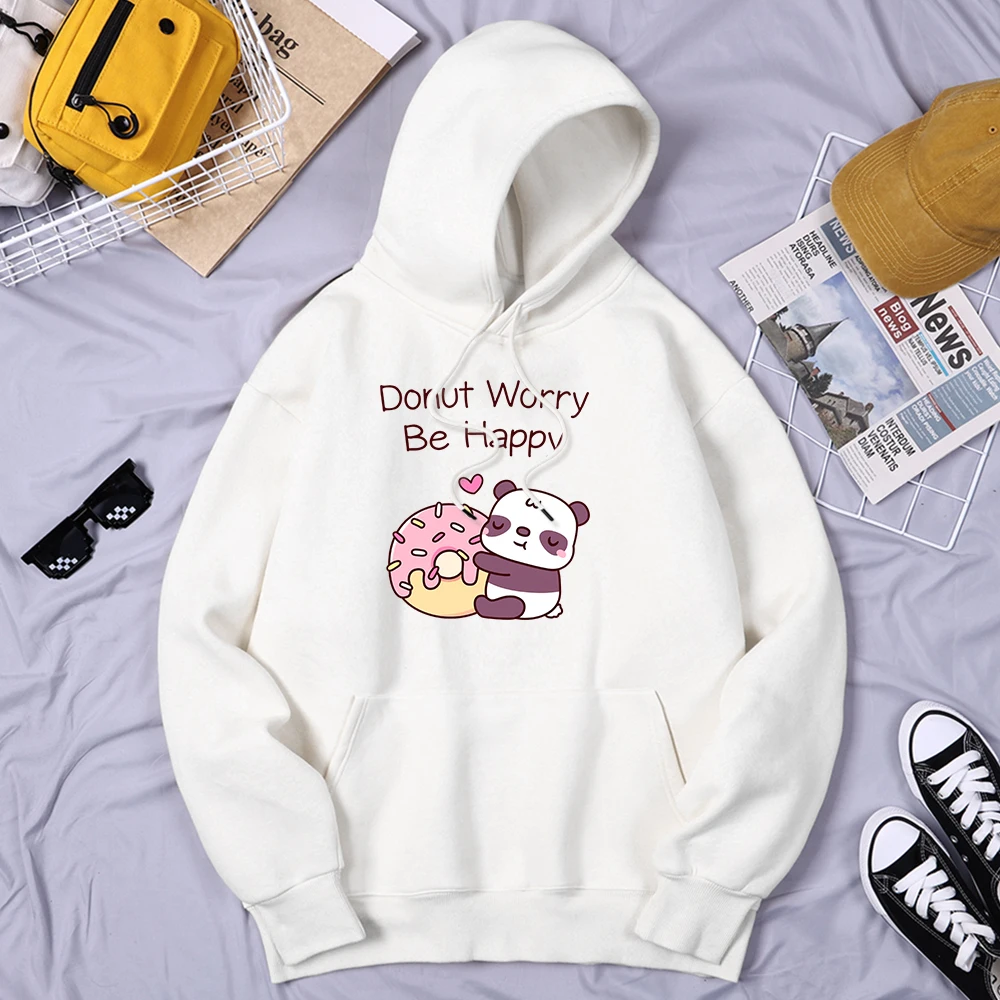 

Little Pandas Love Donuts Donut Worry Be Happy Men'S Hoodies Casual Daily Tops Fashion Vintage Clothing Soft Loose Men'S Hoodie