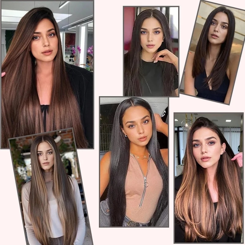 Hair Extensions 6Pcs/Set 16 Clips Synthetic 24Inch Hair Extension Black Blonde Long Straight Hairpiece Heat Resistant Fiber For Women Hairstyle