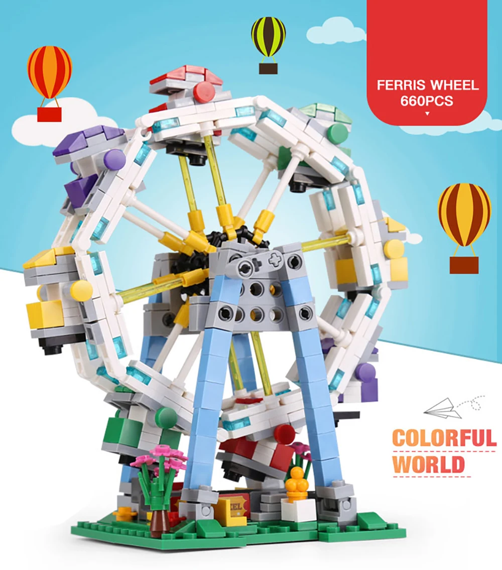 S5da0f088c7574ad2b79fb3ee36beebe4n Klocki do budowy targowe blokuje diabelski młyn zestaw duże wahadło statek piracki karuzela Park rozrywki z instrukcją montażu