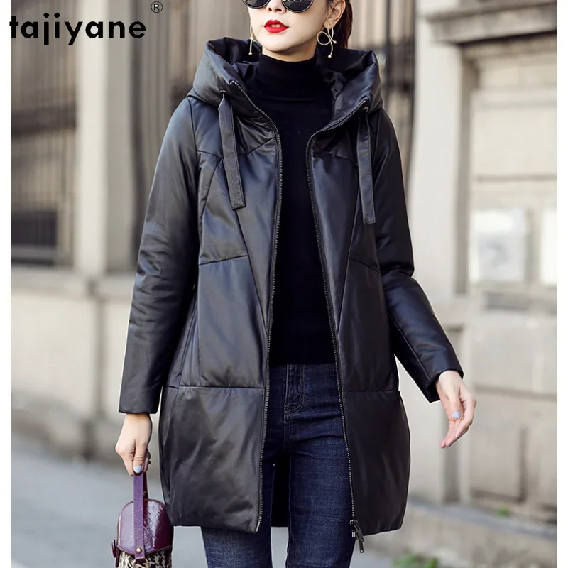 

Tajiyane 90% White Duck Down Coats for Women 2023 Hooded Winter Genuine Sheepskin Leather Jacket Mid-length Loose Black Parkas
