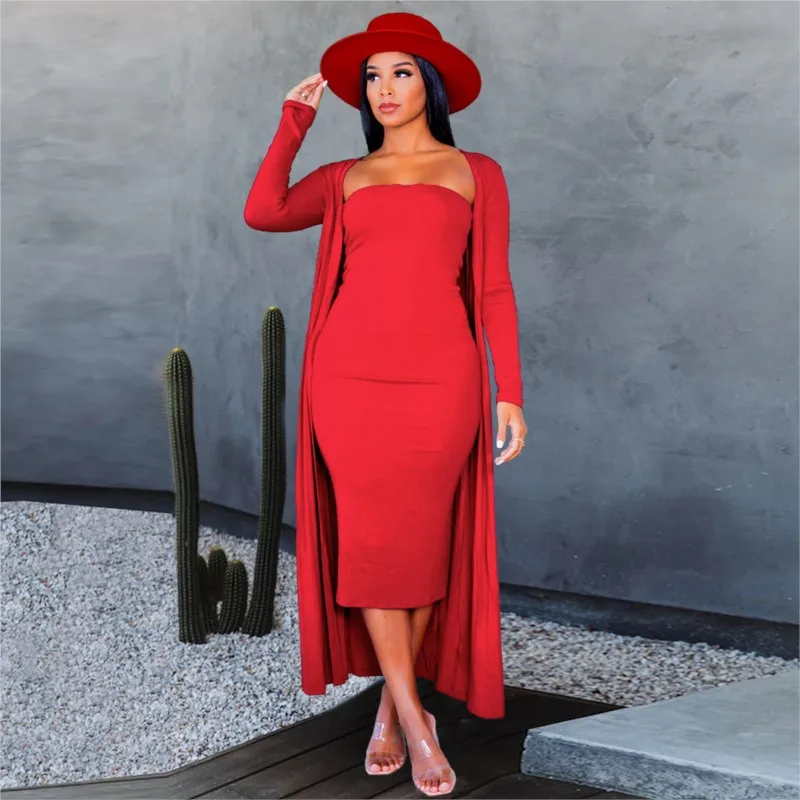 Women'S Two Piece Set Casual Outfits Strapless Bodycon Elegant Midi Dress Sets Long sleeve Cardigan Suit Slim Casual Party Retro