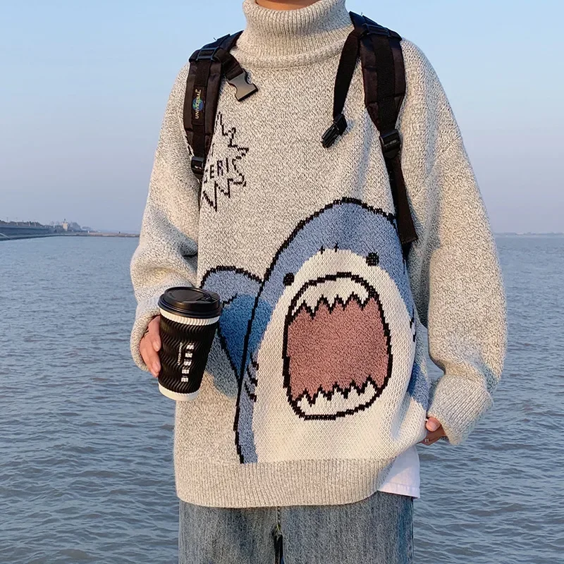 

Men Turtlenecks Shark Sweater Men 2023 Winter Patchwor Harajuku Korean Style High Neck Oversized Grey Turtleneck For Men
