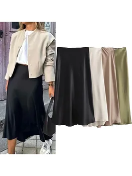 2025 Black Satin Skirt Woman High Waist Elegant Long Skirts For Women Fashion Summer Midi Skirt Office Women's Skirts 1