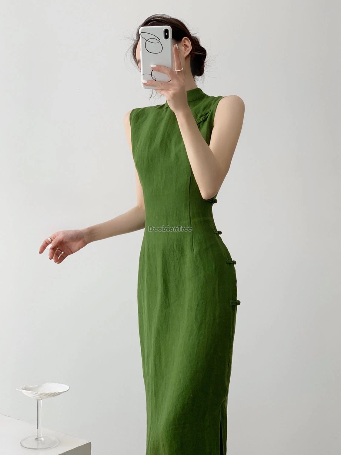 Chinese Dress Vintage Qipao Sleeveless Waist Cinching Slit