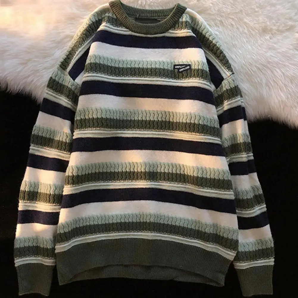 

Men Autumn Winter Loose Knitting Sweater O-neck Long Sleeve Pullover Tops Striped Print Knitwear Streetwear