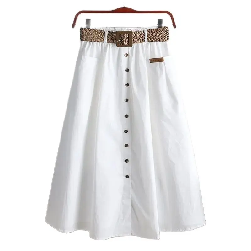 

Women's Summer Skirt Pure Cotton Highwaist Long Skirts Korean Fashion With Button Pockets Belt Versatile Split Midi Golf Clothes