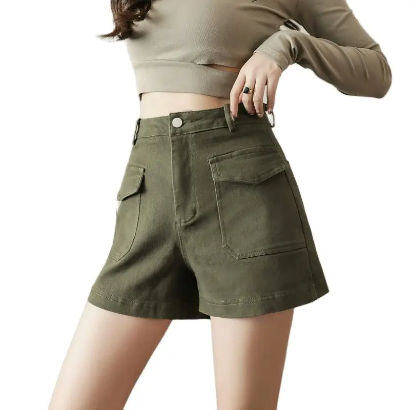 

female denim shorts high-waisted wide leg patch pocket