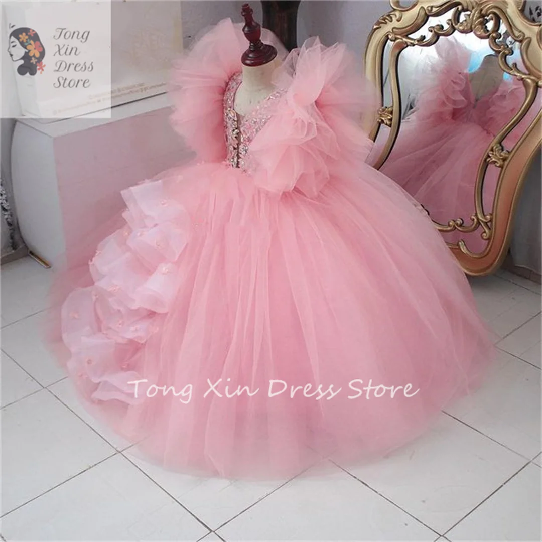 

Pink Lace Crystals Flower Girl Dresses Ball Gown Tulle Little Girl Wedding Dresses Cheap Communion Pageant Dresses Gown