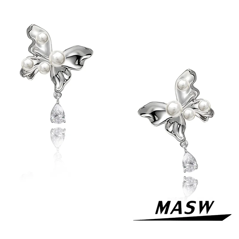 

MASW Original Design High Quality Copper Thick Silver Plated Glass Butterfly Earrings For Women Jewelry Party Wedding Gift