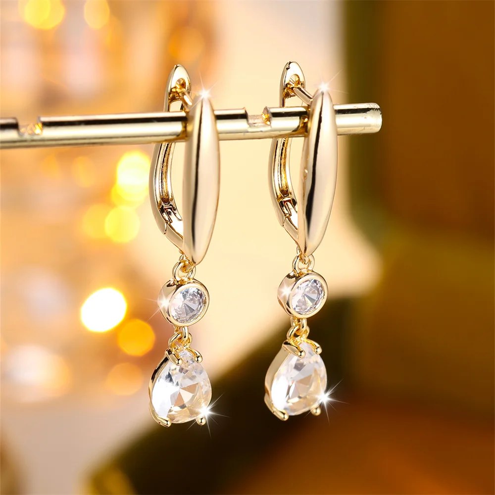White Zircon Water Drop Stone Pendant Hoop Earrings For Women Trendy Gold Color Ear Buckle Wedding Jewelry Engagement Party Gift
