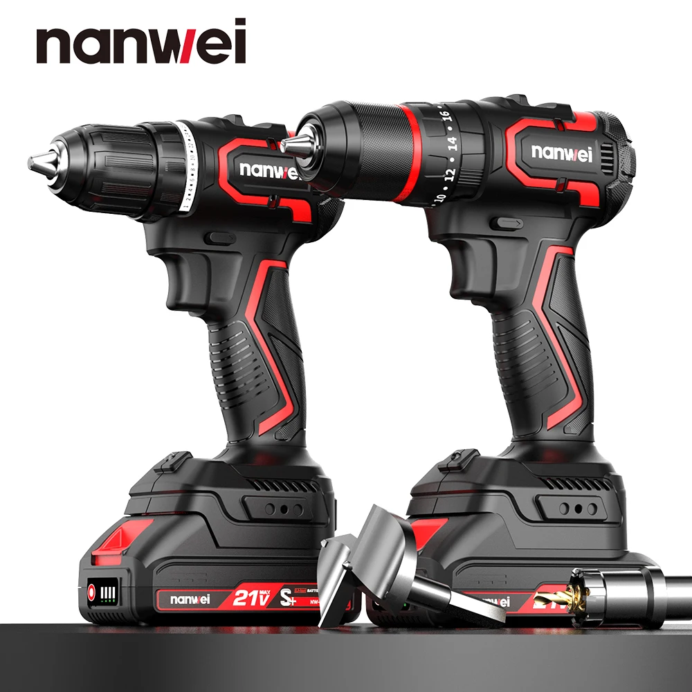 

Nanwei 21V Brushless Electric Drill Household Hand Drill 10MM Rechargeable Screwdriver 60NM Dual Speed Impact Electric Drill