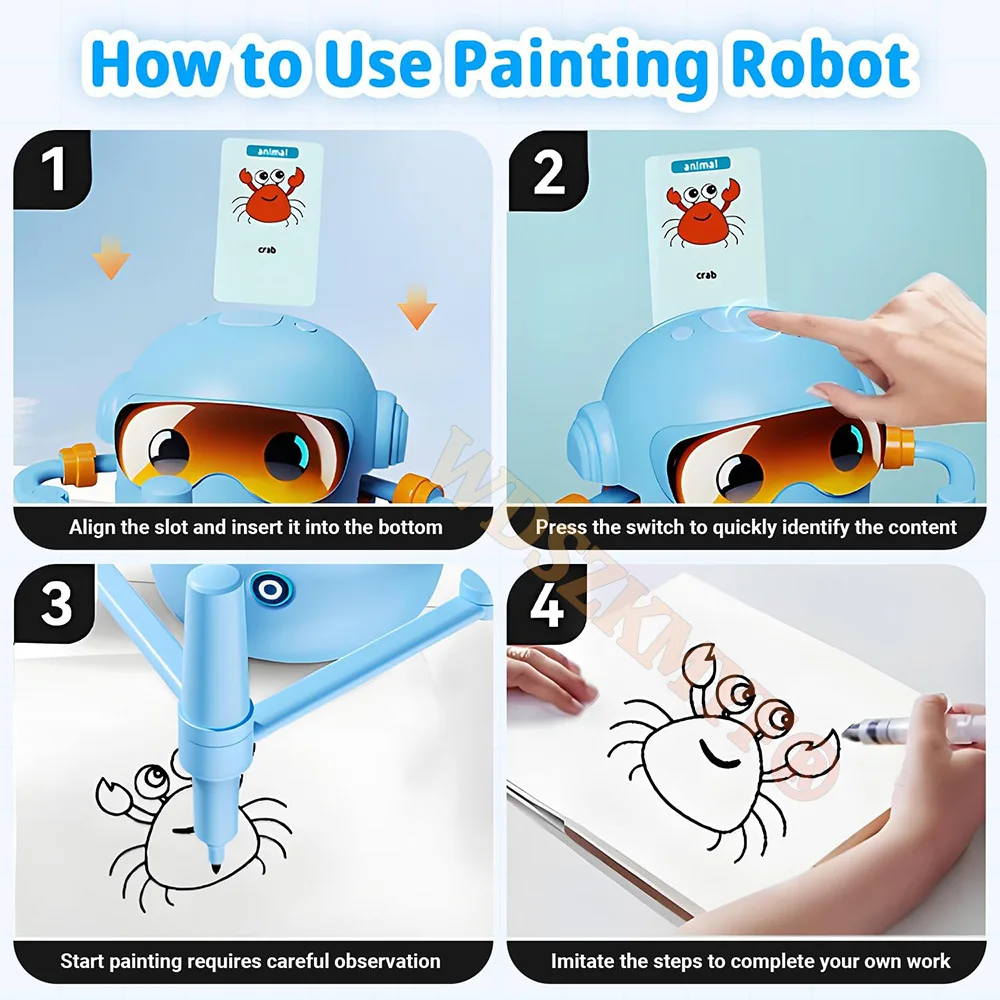 Robot De Dessin éducatif Pour Enfants - Avec 100 Cartes, Multiple Modes (Bleu, 4+ Ans)
