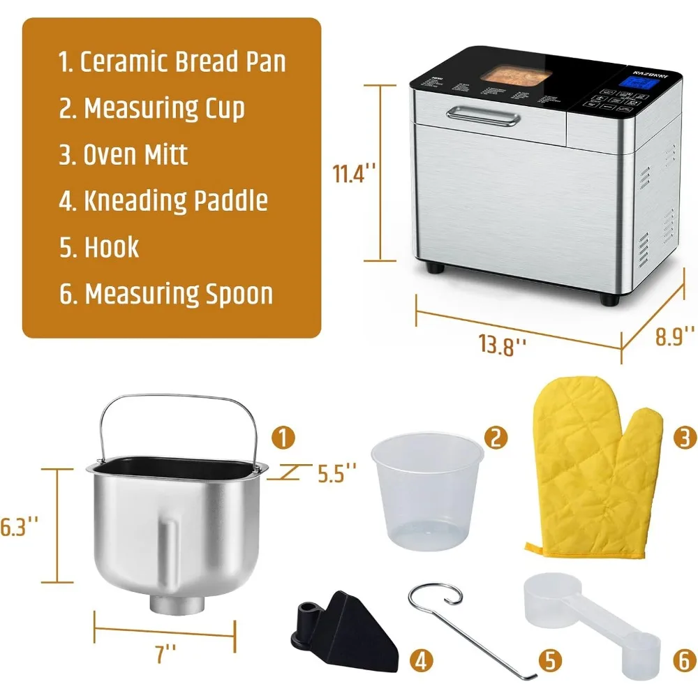 Bread Maker Machine Stainless Steel UL Certified, Nonstick Bread Pan, Homemade 2Lbs Breadmaker, Gluten-Free Setting 6