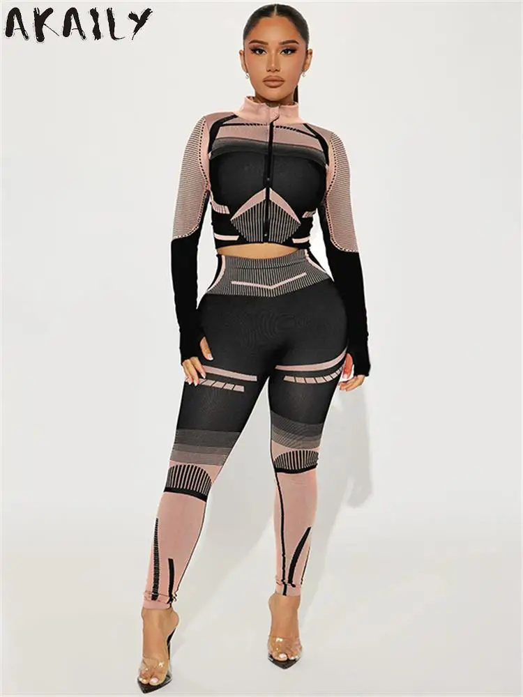 

Akaily Black Striped Print 2 Two Piece Pants Set Causal Street For Women 2023 Zipper Long Sleeve Crop Top High Waist Pants Suit