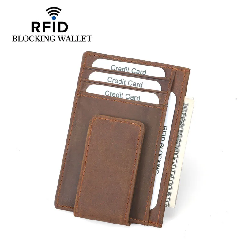 Carteira pequena de couro RFID para homens, estojo de cartão de crédito, grampo de dinheiro, mini porta-moedas vintage, bolsa fina