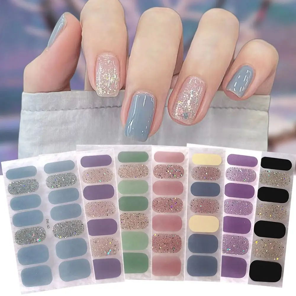 14Tips Foil Gel Nail Stickers Self-Adhesive Glittering Gel Full Nail Wraps Simple French Manicure Decal for nail stickers nail art tools nail art decoration nail decals
